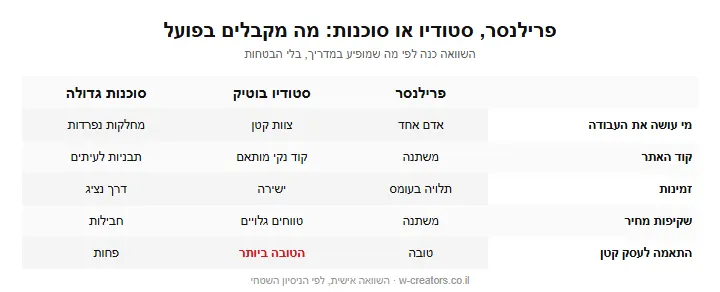 השוואה בין פרילנסר, סטודיו בוטיק וסוכנות גדולה בבניית אתרים