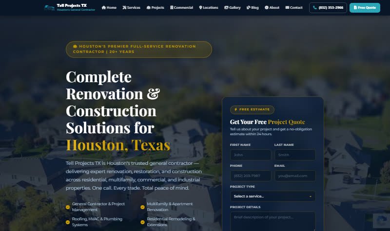 אתר Tell Projects TX, קבלנות ושיפוצים ביוסטון