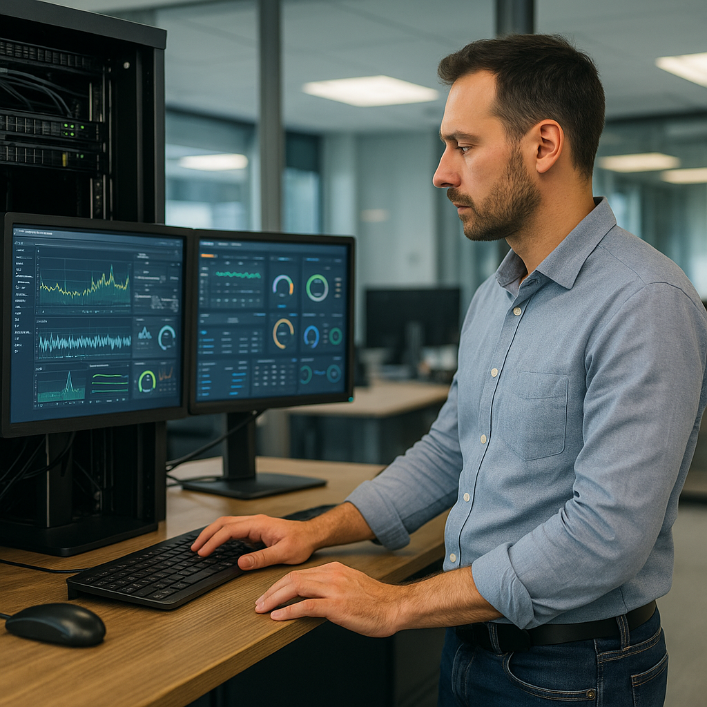 טכנאי מחשבים מקצועי עומד מול שני מסכי מחשב המציגים לוחות בקרה של ביצועי מערכת, ומבצע התאמות בשרת במשרד מודרני