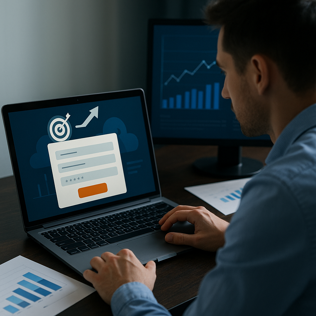 אדם יושב מול מחשב נייד וממלא טופס לידים לצד גרפים שמראים מגמת עלייה על מסך המחשב