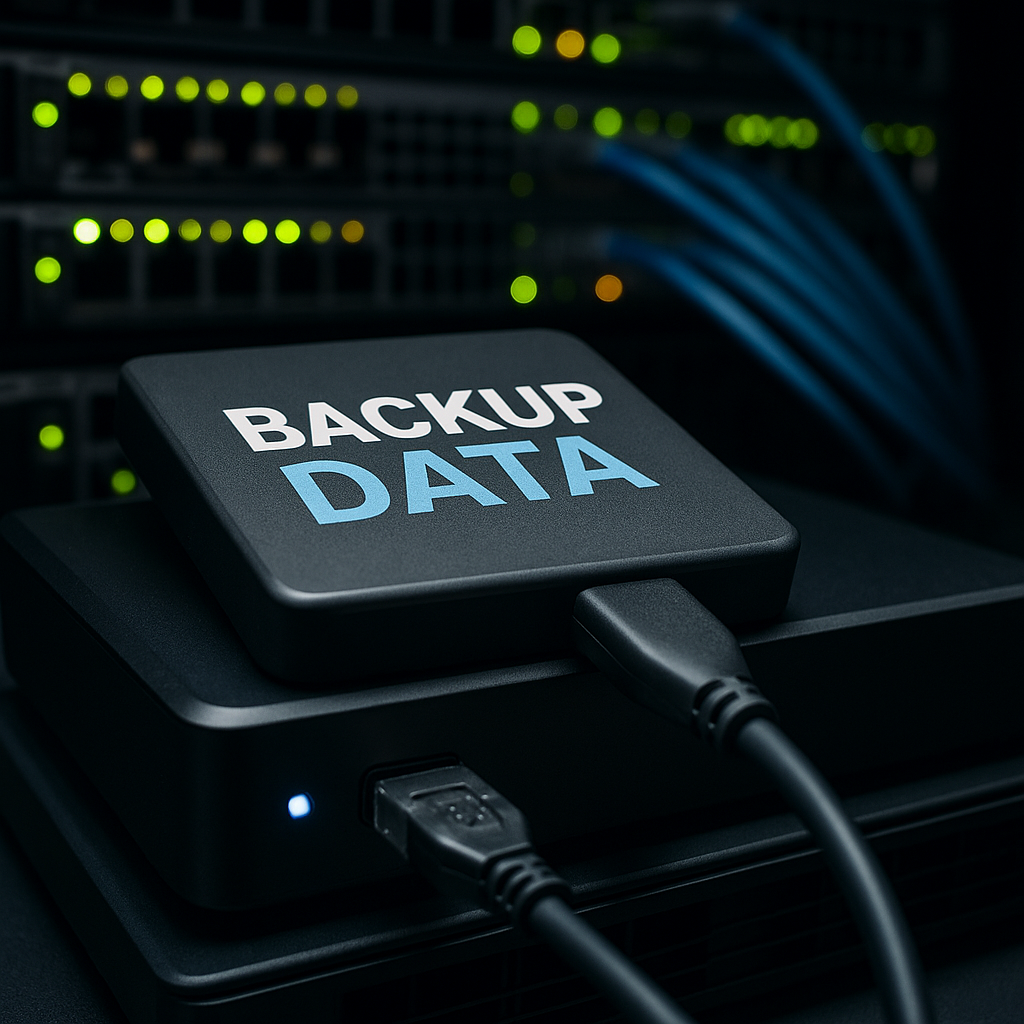 כונן גיבוי חיצוני מחובר בחדר שרתים עם נורות מצב ורשתות Ethernet ברקע