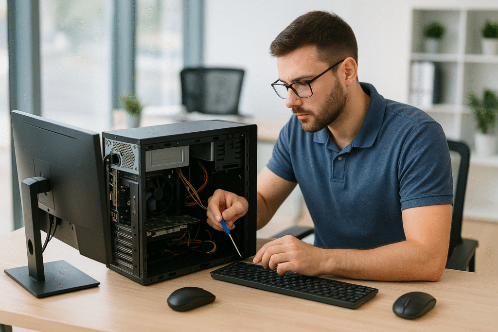 טכנאי מחשבים בקריות מתקין ציוד במשרד עסקי – תמונה מקצועית של שירות IT לעסקים