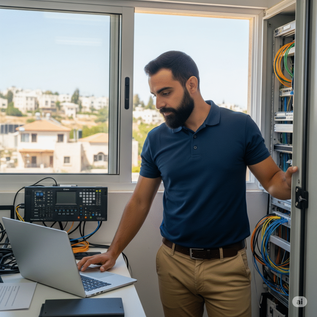 טכנאי מחשבים מקצועי מעניק שירותי מחשוב במשרד עסקי בצפון, עם דגש על אבטחת מידע ותחזוקת רשתות.