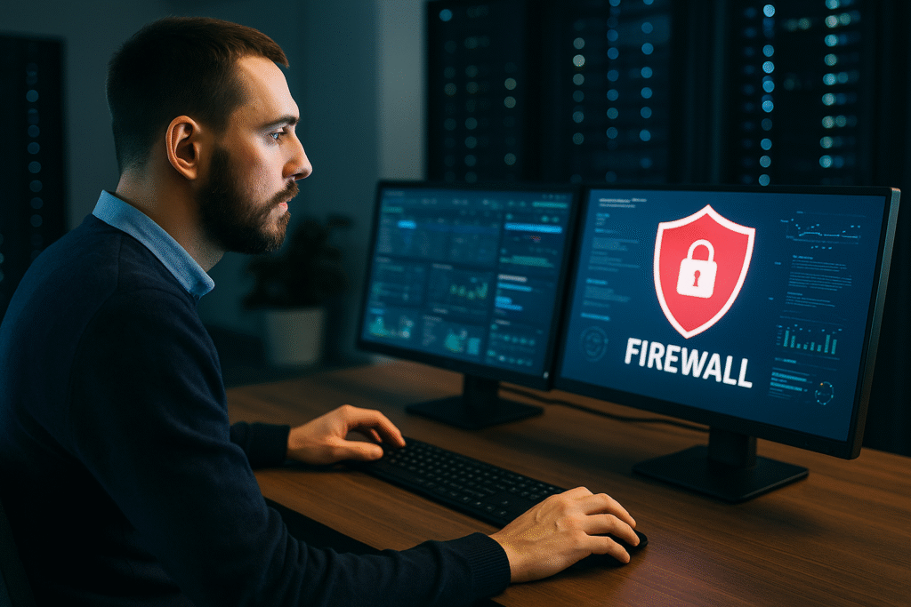 סייבר מומחה יושב מול שני מסכי מחשב בחדר שרתים חשוך, אחד מציג איקון חומת אש והשני נתוני אבטחה