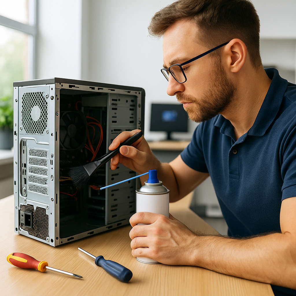 טכנאי מחשבים מנקה אבק מתעלת אוורור במחשב שולחני פתוח באמצעות מברשת וקניסת אוויר דחוס במשרד מודרני ומואר
