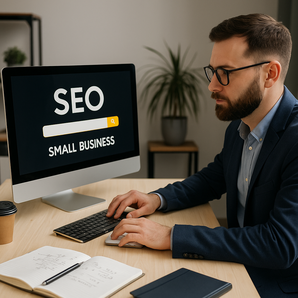 גבר ממוקד עם זקן ומשקפיים יושב במשרד מודרני ומקליד על מחשב. על המסך מופיעה המילה "SEO" בהקשר של עסקים קטנים. סביבו שולחן עץ נקי עם מחברת פתוחה, כוס קפה, צמח ירוק ונוף מואר ועדכני – אווירה מקצועית ואותנטית של עבודה על קידום אתרים לעסקים קטנים. גבר ממוקד עם זקן ומשקפיים יושב במשרד מודרני ומקליד על מחשב. על המסך מופיעה המילה "SEO" בהקשר של עסקים קטנים. סביבו שולחן עץ נקי עם מחברת פתוחה, כוס קפה, צמח ירוק ונוף מואר ועדכני – אווירה מקצועית ואותנטית של עבודה על קידום אתרים לעסקים קטנים