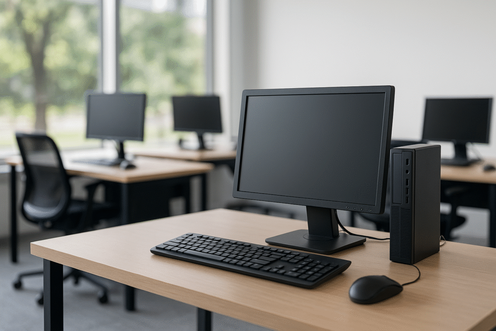 תחנת עבודה משרדית עם מחשב שולחני, מקלדת ועכבר – בסביבת משרד מודרנית ומוארת בקריות