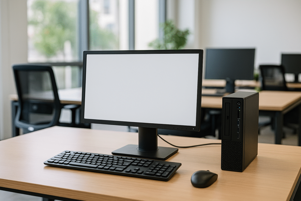 עמדת מחשב משרדית בעכו – שולחן עץ בהיר עם מחשב שולחני, מקלדת ועכבר בסביבת עבודה מודרנית ומוארת